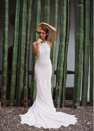 Halter Neck Ivory Lace Low Back Wedding Dress